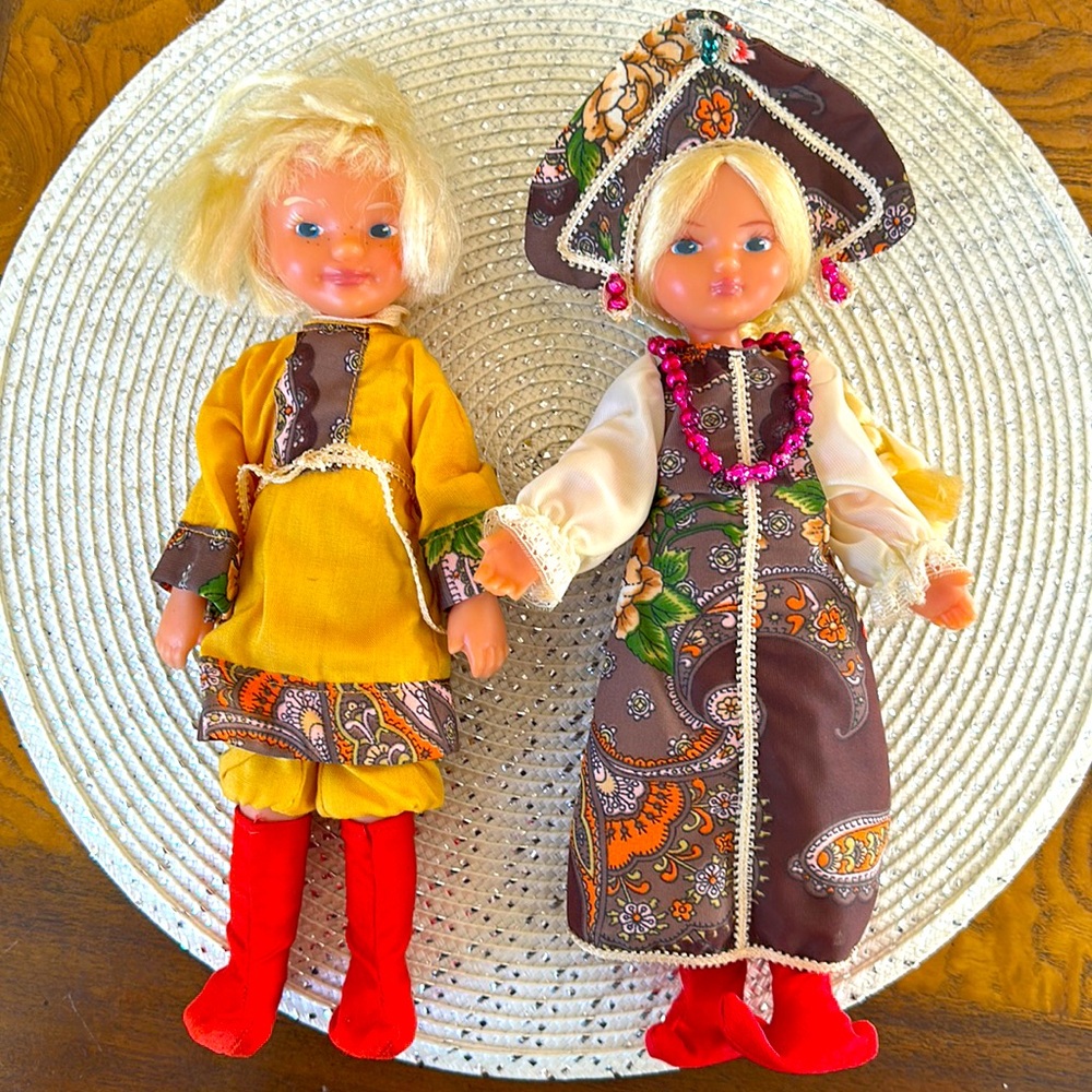 VINTAGE Set of 2 Russian Dolls in Ethnic Dress 1970's USSR Russia